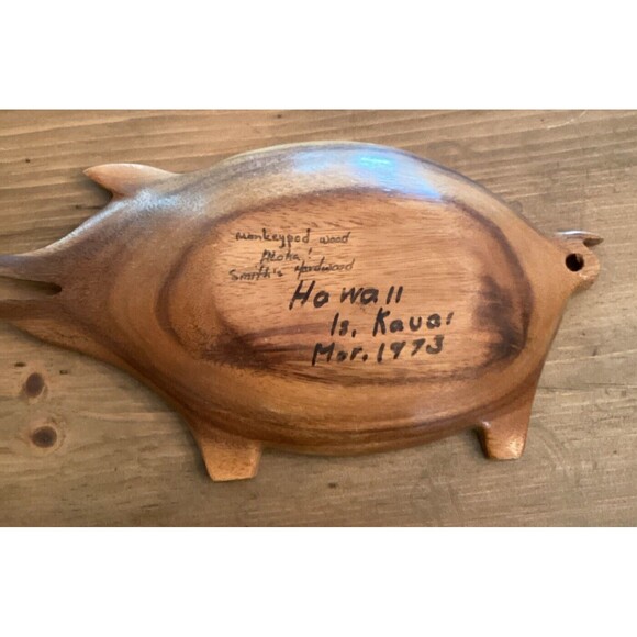 VINTAGE MONKEY POD WOOD PIG SHAPED BOWL  7” X 12” HAWAII FARMHOUSE RUSTIC - Picture 4 of 5